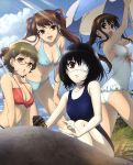  akazawa_izumi another ass beach_umbrella black_hair breasts brown_eyes brown_hair cleavage eyepatch front-tie_top glasses hair_ribbon hermit_crab highres misaki_mei multiple_girls one-piece_swimsuit open_mouth red_eyes reiko_(another) ribbon scan short_hair sideboob sugiura_takako sunbeam sunlight swimsuit twintails 