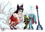  1girl ahri animal_ears bare_shoulders black_hair facial_mark fish fizz_(league_of_legends) fox_ears fox_tail league_of_legends long_hair multiple_tails polearm ranger_squirrel tail trident weapon 