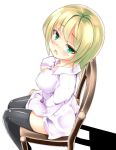 black_legwear blush breasts chair cleavage collarbone green_eyes green_hair long_sleeves open_mouth original shirt short_hair sitting so-ren solo thigh-highs thighhighs turning white_background 