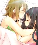  akiyama_mio alternate_hair_length alternate_hairstyle bed black_eyes black_hair blush breasts brown_eyes brown_hair hime_cut k-on! long_hair multiple_girls open_mouth short_hair tainaka_ritsu very_long_hair yuri 