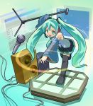  detached_sleeves green_eyes green_hair hatsune_miku kubocha long_hair microphone necktie open_mouth skirt solo tears thigh-highs thighhighs twintails very_long_hair vocaloid 
