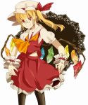 ascot blonde_hair crystal flandre_scarlet hat hat_ribbon kamino pantyhose puffy_sleeves red_eyes ribbon short_hair short_sleeves side_ponytail smile solo touhou wings wrist_cuffs 