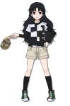  baseball_cap black_hair black_legwear hand_on_hip hat hat_removed headwear_removed hips holding holding_hat jellyfishurchinfestival kneehighs long_hair original red_eyes shoes short_over_long_sleeves shorts smile sneakers solo 