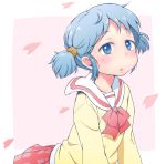  blue_hair blush cherry_blossoms hair_cubes hair_ornament mochimomomo naganohara_mio nichijou school_uniform short_hair short_twintails skirt twintails 