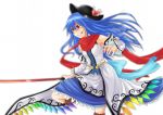  adapted_costume blue_hair detached_sleeves flower grin hat hinanawi_tenshi judo_fuu jyudo_fu long_hair red_eyes scarf smile solo sword sword_of_hisou touhou weapon white_background 