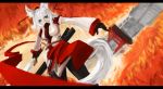  animal_ears arceonn blue_eyes border fire gloves hat highres inubashiri_momiji letterboxed pantyhose solo sword tail tokin_hat touhou weapon white_hair wolf_ears wolf_tail 