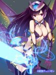  bare_shoulders breasts cleavage gauntlets glowing headgear junketsu_duelion junketsu_duelion long_hair mecha_musume navel official_art oumigahara_kirei purple_eyes purple_hair simple_background solo sword thigh-highs thighhighs translated violet_eyes weapon wings yangsion 