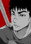  berserk bust cape dragonslayer_(sword) guts highres huge_weapon male monochrome over_shoulder scar solo tamuhime weapon 