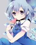  blue_dress blue_eyes blue_hair bow cirno dress food food_on_face hair_bow highres ice_cream looking_at_viewer mihatarou popsicle puffy_sleeves shirt short_hair short_sleeves sitting smile solo touhou watermelon_bar wings 
