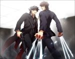  between_fingers black_hair black_keys brown_hair cigarette command_spell cross emiya_kiritsugu fate/zero fate_(series) glowing glowing_weapon kotomine_kirei male multiple_boys weapon zihad 