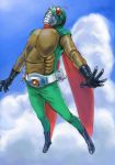  1boy belt flying hisaki kamen_rider male new_kamen_rider scarf sky skyrider solo 