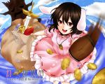  :d animal_ears brown_hair bunny_ears coin fish highres inaba_tewi mallet naxia open_mouth pearl_necklace rabbit_ears red_eyes sack short_hair smile solo sword touhou weapon 