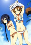  arms_up bikini black_hair breast_envy breasts brown_eyes brown_hair cleavage flat_chest hirasawa_ui k-on! long_hair multiple_girls nakano_azusa ponytail pout short_hair suzuki_jun swimsuit tamaran twintails 