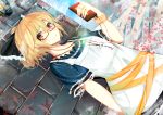  alternate_costume bespectacled blonde_hair bow contemporary digital_media_player dress dutch_angle earphones glasses hair_bow highres jewelry key kurodani_yamame leaf necklace nmaaaaa short_hair smile solo touhou yellow_eyes 