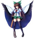  arm_cannon bird_wings black_legwear black_wings blush bow breasts brown_eyes brown_hair cape hair_bow huge_breasts impossible_clothes impossible_shirt large_breasts large_wings long_hair looking_at_viewer mismatched_footwear puffy_sleeves red_eyes reiuji_utsuho short_sleeves simple_background skirt solo standing takeponi thigh-highs thighhighs third_eye touhou very_long_hair weapon white_background wings zettai_ryouiki 