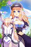  blue_eyes blush breasts cat_shi choker cleavage dress flower hat holding horse horseback_riding large_breasts lowres open_mouth outdoors parted_lips rose rose_pacifica sitting smile sword_girls top_hat veil 