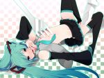  boots checkered checkered_background detached_sleeves fork green_eyes green_hair hatsune_miku headset highres impaled knife long_hair necktie open_mouth panties skirt solo striped striped_panties takesouko thigh-highs thigh_boots thighhighs twintails underwear very_long_hair vocaloid 