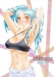  1girl adjusting_hair armpits arms_up blue_hair blush breasts mouth_hold navel original popsicle red_eyes solo under_boob underboob yui_toshiki 