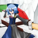  adapted_costume advent_cirno blue_eyes blue_hair bow cirno dual_wielding gloves hair_bow highres long_sleeves short_hair short_sleeves solo soudayu stance sword touhou weapon 