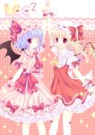  ascot bat_wings blonde_hair blue_hair bow cover crystal fang flandre_scarlet hair_bow hat mizuse_ruka multiple_girls open_mouth puffy_sleeves red_eyes remilia_scarlet short_hair short_sleeves siblings side_ponytail sisters touhou wings wrist_cuffs 