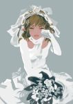  antiquewhite bouquet bride brown_hair dress flower grey grey_background mizuhashi_parsee open_mouth pointy_ears rose scarf short_hair simple_background solo tears touhou veil wedding_dress white_dress white_rose 
