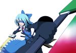  absurdres adapted_costume advent_cirno blue_eyes blue_hair bow cirno dual_wielding gloves hair_bow highres long_sleeves open_mouth short_hair short_sleeves solo sword touhou walhalla weapon white_background 