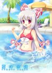  alternate_costume barefoot blush bow breasts chair cleavage collarbone fang fujiwara_no_mokou fukase_ayaka hair_bow long_hair navel open_mouth partially_submerged pool red_eyes sky solo swimsuit touhou tree umbrella very_long_hair 