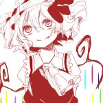  arms_behind_back ascot bad_id bow fang flandre_scarlet hair_bow hat monochrome pikojirokurao puffy_sleeves short_hair short_sleeves side_ponytail smile solo touhou wings 
