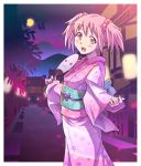  :3 :d alternate_costume e20 fan holding japanese_clothes kaname_madoka kimono kyubey looking_at_viewer mahou_shoujo_madoka_magica open_mouth paper_fan pink_eyes pink_hair smile solo twintails uchiwa 