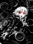  alternate_costume ascot glowing glowing_eyes greyscale hair_ribbon long_sleeves monochrome open_mouth red_eyes ribbon rumia short_hair solo soubi spot_color touhou 