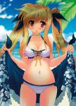  alternate_costume bardiche blonde_hair blush breasts choker cleavage cloud clouds collarbone fate_testarossa front-tie_top highres long_hair lyrical_nanoha mound_of_venus mouth_hold navel ocean red_eyes shiny shiny_skin sky solo suzuta_yume swimsuit twintails 