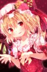  blonde_hair blush collarbone crystal flandre_scarlet flower frills hat hat_ribbon highres open_mouth pointy_ears puffy_sleeves ranka224 red_eyes ribbon short_hair short_sleeves side_ponytail solo touhou wings 