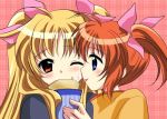  blonde_hair blue_eyes blush brown_hair crepe fate_testarossa food food_on_face hair_ribbon licking lyrical_nanoha mahou_shoujo_lyrical_nanoha mahou_shoujo_lyrical_nanoha_a&#039;s mahou_shoujo_lyrical_nanoha_a's multiple_girls nanashiki red_eyes ribbon short_twintails takamachi_nanoha twintails wink 