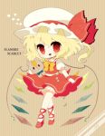  bad_id blonde_hair blush bow character_name crystal flandre_scarlet haru_(kyou) hat hat_ribbon heart open_mouth puffy_sleeves red_eyes ribbon short_sleeves side_ponytail solo stuffed_animal stuffed_toy teddy_bear touhou wings wrist_cuffs 