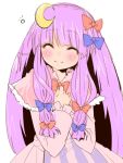  blush bow closed_eyes crescent eyes_closed hair_bow kitarow long_hair patchouli_knowledge purple_hair simple_background sketch smile solo touhou white_background 