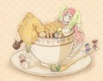 cup doyou_tengoku_pikaraji dress fairy fairy_(jintai) food green_eyes in_container in_cup jinrui_wa_suitai_shimashita long_hair oversized_object pink_hair spoon sugar watashi_(jintai) 