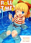 2012 ;d blonde_hair blue_eyes blush character_name cover cover_page hair_ribbon holding hose inou_shin long_hair looking_at_viewer navel open_mouth partially_submerged ponytail ribbon rockman rockman_(classic) roll smile solo striped swimsuit wading_pool water wink 