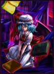  animal bad_id bat blue_hair book bookshelf curtains hat puffy_sleeves red_eyes remilia_scarlet short_hair short_sleeves sitting solo touhou window 