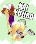  1boy androgynous ass baseball_cap blush brown_eyes brown_hair from_behind hat kai_yuujirou msp_sammy racket shoes short_hair sneakers tennis_no_ouji-sama tennis_racket trap 