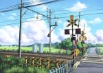  absurdres clouds eichisu fence grass highres no_humans original railroad_crossing railroad_tracks scenery sign sky 