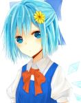  blue_hair blush bow cirno detached_wings flower hair_bow hair_ornament ice ice_wings naran puffy_sleeves short_hair short_sleeves solo symbol-shaped_pupils touhou white_background wings 