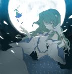 blue_rose detached_sleeves flower frog_hair_ornament full_moon gohei green_eyes green_hair hair_ornament hair_tubes kakueki-teisha kochiya_sanae long_hair long_skirt moon night rose skirt solo touhou wide_sleeves wind