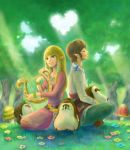  blonde_hair blue_eyes bracelet closed_eyes erla eyes_closed flower harp instrument jewelry kikwi link long_hair lopsa machi mushroom nintendo pointy_ears princess_zelda sitting skyward_sword smile the_legend_of_zelda usamichan 