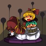  33kudo blonde_hair bow bucket green_hair hair_bobbles hair_bow hair_ornament in_bucket in_container kisume kurodani_yamame long_sleeves open_mouth red_eyes rock short_hair sitting solo touhou twintails 