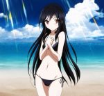  1girl accel_world beach bikini black_hair blush cloud clouds kuroyukihime long_hair lowleg lowleg_bikini navel ocean red_eyes side-tie_bikini sky solo swimsuit water 