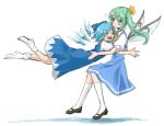  ascot bad_id blue_hair blush bow cirno closed_eyes daiyousei eyes_closed fairy_wings flying_sweatdrops glomp green_eyes green_hair hair_bow hair_ribbon hug ice ice_wings long_hair multiple_girls open_mouth puffy_sleeves ribbon sherad short_hair short_sleeves side_ponytail smile touhou white_background wings 
