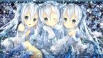  blue_eyes hatsune_miku headset long_hair multiple_girls satou_(una-vittima) smile snow twintails vocaloid white_hair yuki_miku 