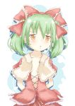  alternate_hairstyle arms_behind_back blush bow breasts bust capelet collarbone cusozee green_hair hair_bow highres kagiyama_hina open_clothes open_mouth open_shirt shirt skirt skirt_set solo touhou twintails yellow_eyes 