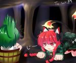  animal_ears blush_stickers bow braid bucket cat_ears cat_tail cave fang fir fire green_hair hair_bow in_bucket in_container kaebyou_rin kaenbyou_rin kisume long_hair long_sleeves multiple_girls open_mouth puffy_sleeves red_eyes red_hair redhead short_hair spisanji tail touhou twin_braids twintails 