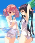  \o/ arikawa_satoru armpits arms_up black_hair blush cloud clouds food holding ice_cream innertube inu_x_boku_ss leaf licking long_hair multiple_girls one-piece_swimsuit outstretched_arms pink_hair purple_eyes roromiya_karuta school_swimsuit shirakiin_ririchiyo short_hair sky swimsuit twintails violet_eyes white_school_swimsuit white_swimsuit 